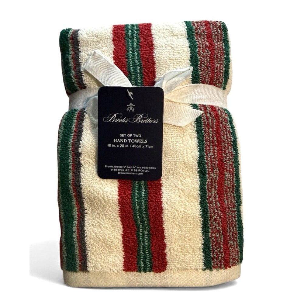 Brooks Brothers Christmas Hand Towels Luxury Thick Red Green Cream Set of 2